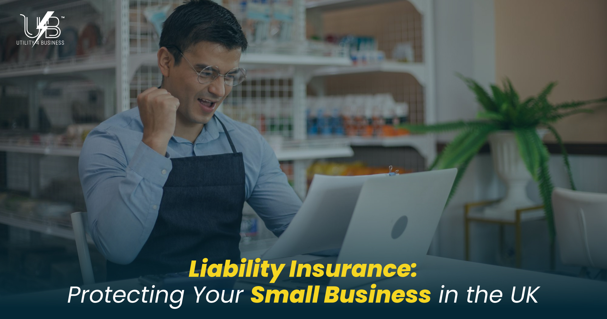 UK small business owner celebrating after securing affordable liability insurance cover with Utility4Business.